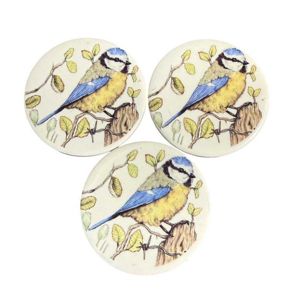 Set of 3 VTG Blue Tit Bird Ceramic Coasters Nature Illustration Decorative Discs